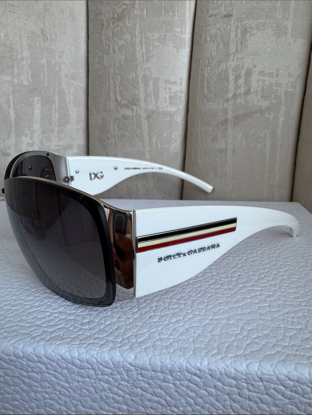 Dolce & Gabbana White Shield Sunglasses with Black Lenses and Tricolor Stripe